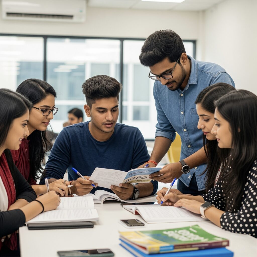 a group of people sitting around a table SBI PO Notification 2025